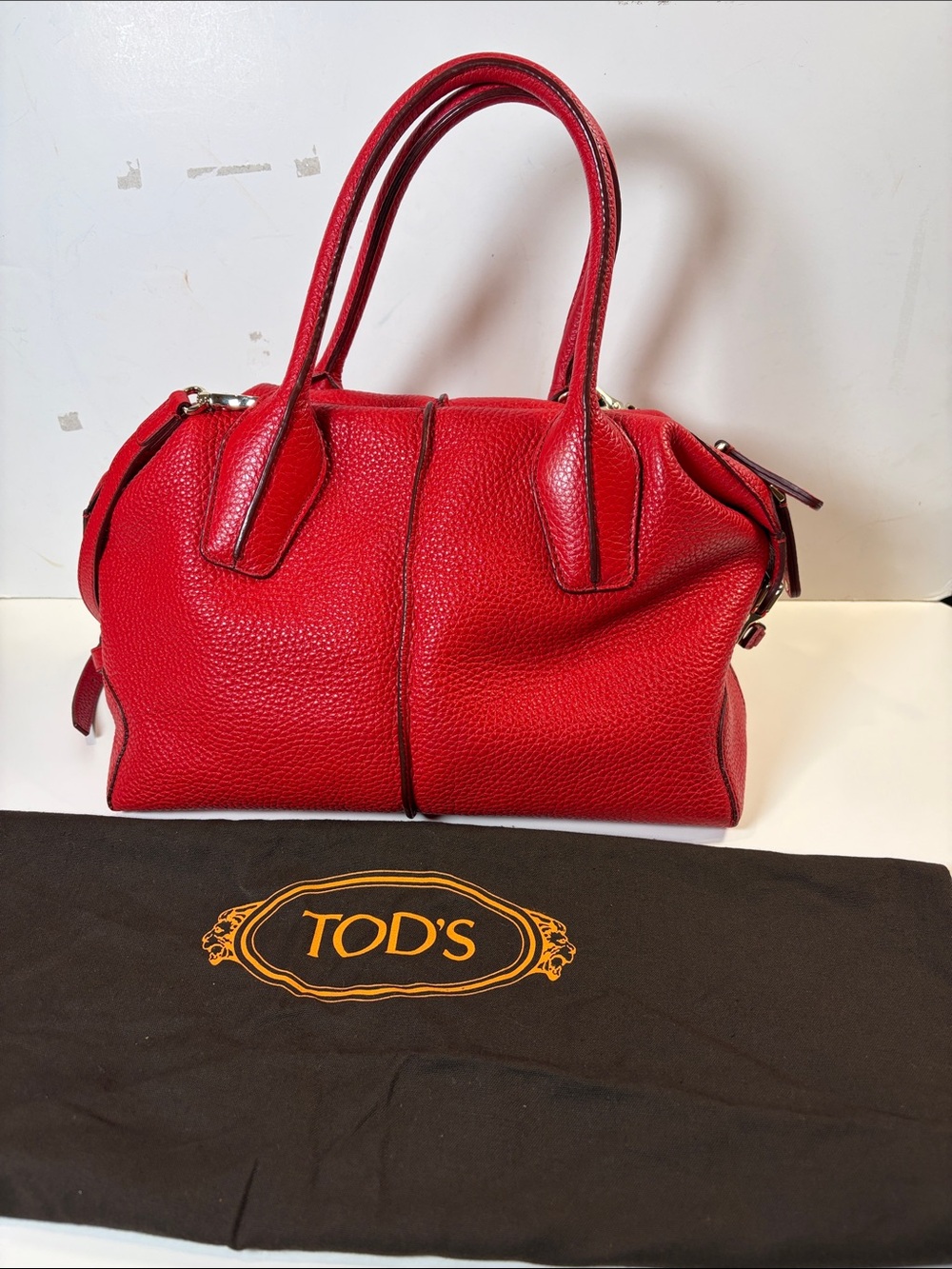 Authentic Tod's Red Pebbled Leather Satchel Bag with Strap